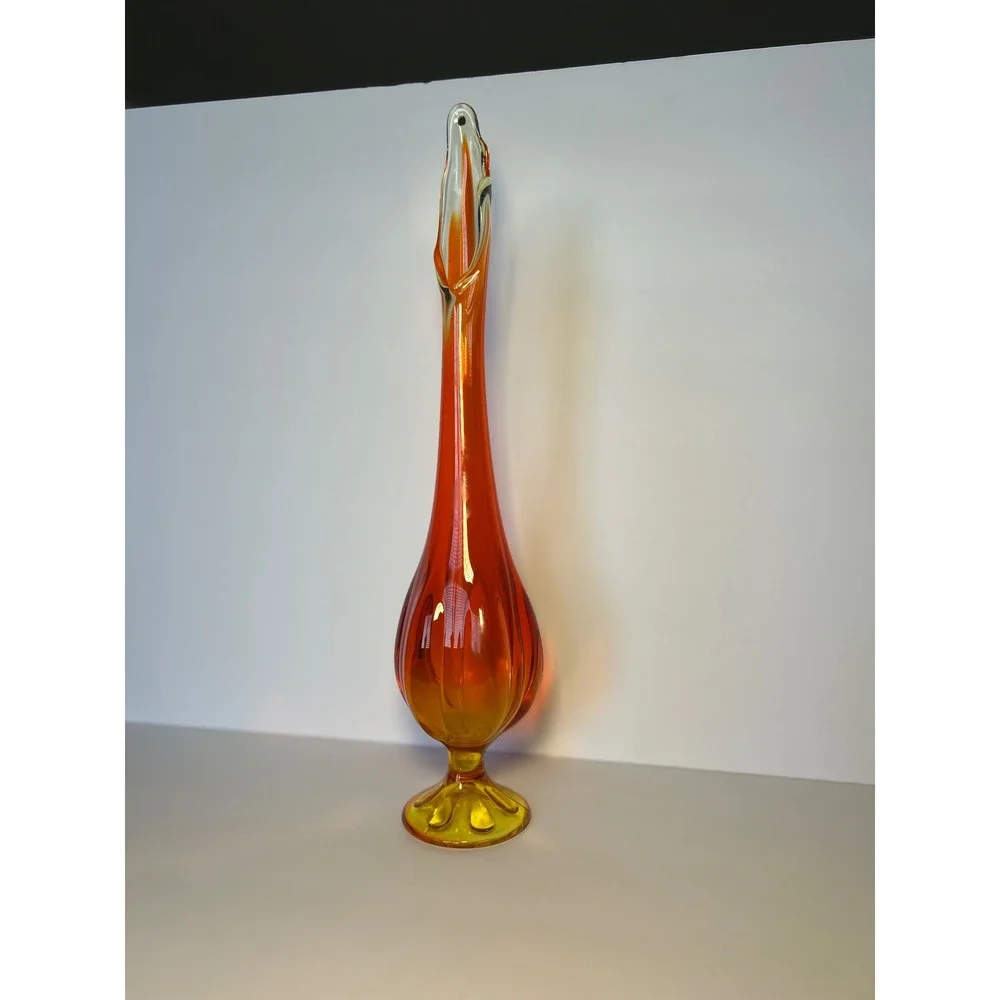 Viking Glass Swung Vase Persimmon Orange Yellow 6 Petal Footed MCM 16.5 Inch